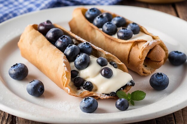 Foto cannoli com recheio de creme e mirtilos