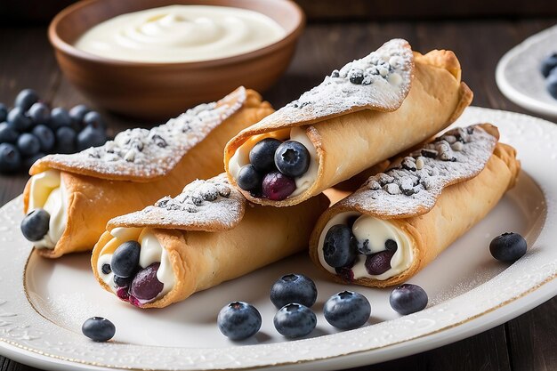 Cannoli com recheio de creme e mirtilos