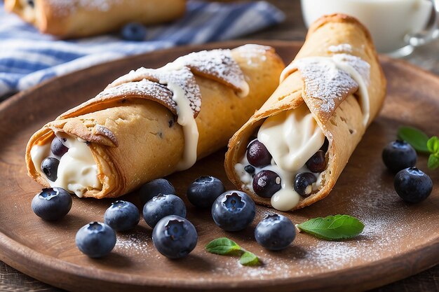 Foto cannoli com recheio de creme e mirtilos