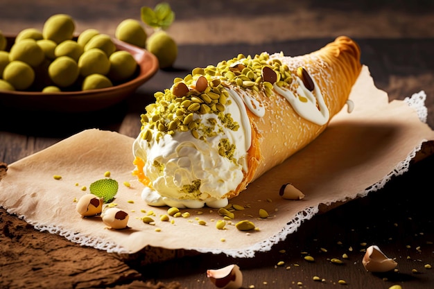 Cannoli cremoso espolvoreado con pistachos triturados en una servilleta