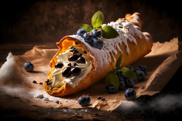 Cannoli mit Mascarpone-Creme und frischen Heidelbeeren, dekoriert mit Minzblättern