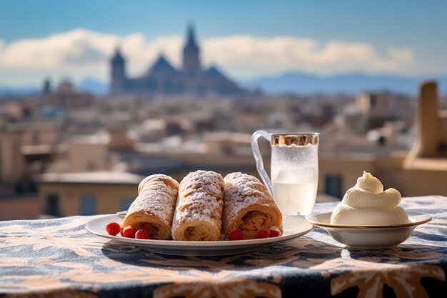 cannoli en un plato con crema de ricotta dulce en una escena siciliana con un fondo borroso