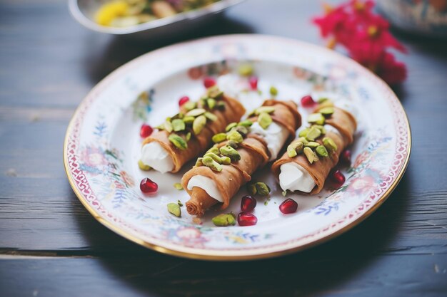 Cannoli sortido com pistache e cerejas