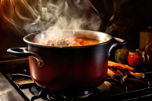 Foto cano de sopa no fogão com vapor subindo
