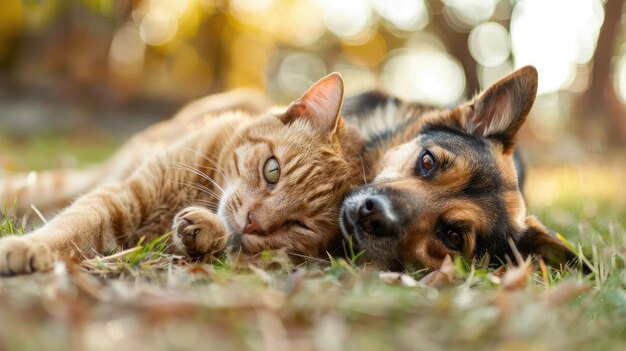 Cano y gato divertidos al aire libre se acuestan juntos de espaldas