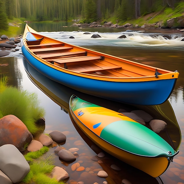 Canoa en el arroyo balbuceante de primavera Río con un kayak Acampar al aire libre junto a un arroyo