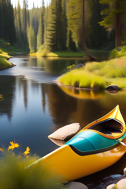 Canoa en el arroyo balbuceante de primavera Río con un kayak Acampar al aire libre junto a un arroyo
