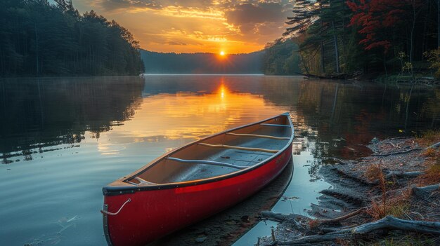 Una canoa descansando en la orilla del lago al atardecer