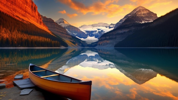 Una canoa se encuentra en la orilla de un lago con montañas al fondo.