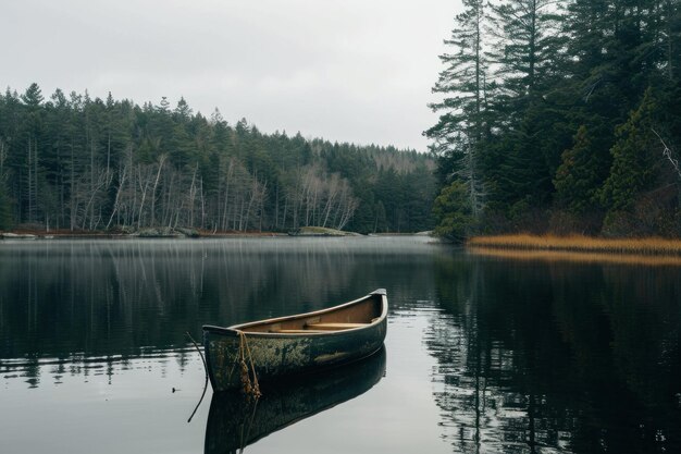 una canoa flota en un lago cerca de los árboles