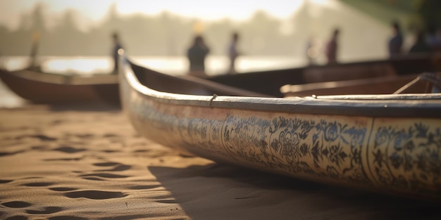 Una canoa hawaiana tradicional colocada con elegancia en la playa de arena generada por IA