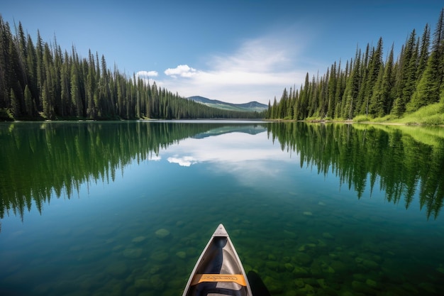 Canoa y kayak remando a través de un lago tranquilo y sereno creado con ai generativo