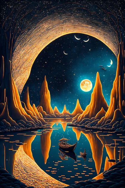 canoa en el lago en el arte de la noche