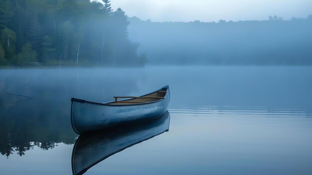 Foto canoa en un lago de niebla al amanecer