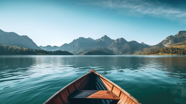 Canoa de madera en el lago con montañas en el fondo Imagen generada por IA de larga exposición