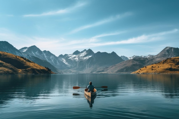 Canoa no meio das montanhas do lago e fundo de céu claro