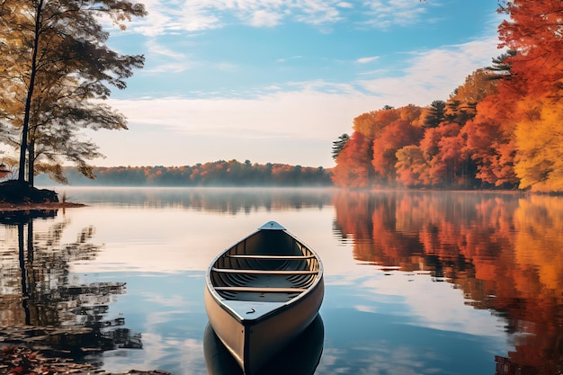 Canoa o kayak en un lago tranquilo rodeado de árboles de otoño