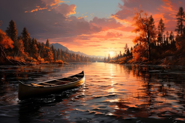 Foto canoa en el río al atardecer