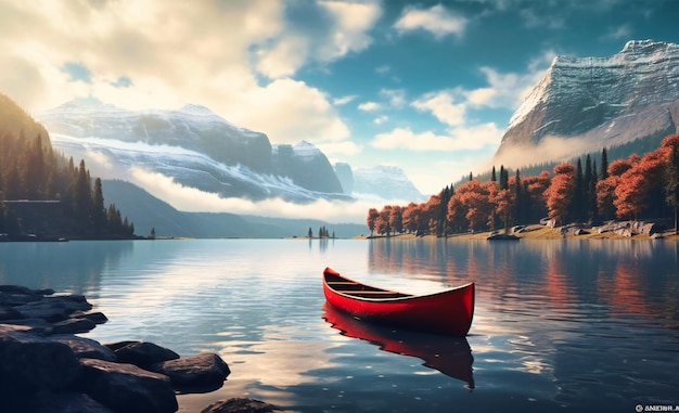Una canoa roja se encuentra en medio de un lago de montaña