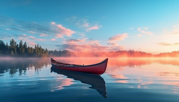 Una canoa roja se sienta en un lago al atardecer