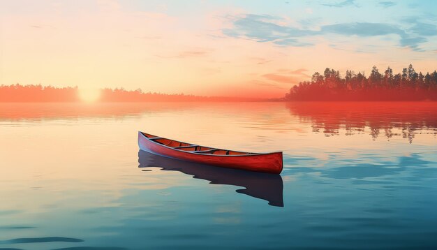 Una canoa roja se sienta en un lago al atardecer