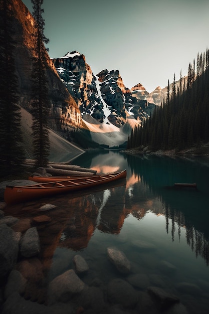 Una canoa se sienta en un lago en las montañas.