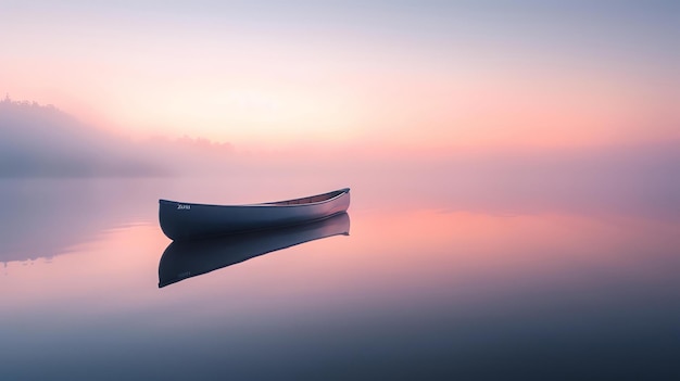 Una canoa se sienta en un lago tranquilo al amanecer el agua está quieta y el cielo es un gradiente de rosa naranja y amarillo con un toque de azul