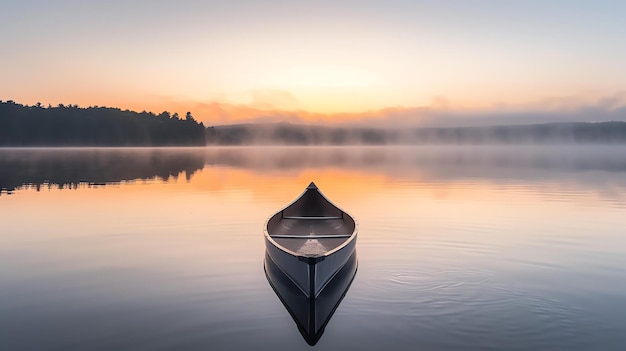 Una canoa se sienta en un lago tranquilo al amanecer el agua está quieta y el cielo está despejado