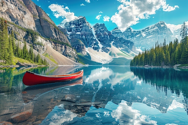 Canoa vermelha num lago de montanha sereno