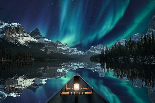 Canoagem com aurora borealis ao longo da cordilheira no lago maligne no parque nacional jasper, canadá. conceito de arte