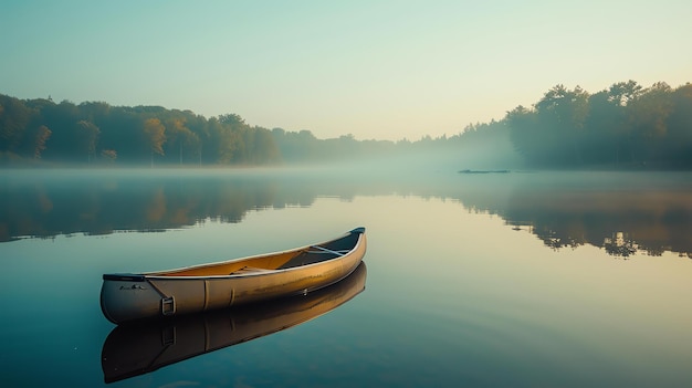 Canoagem em um lago nebuloso ao nascer do sol com um belo céu e árvores ao fundo