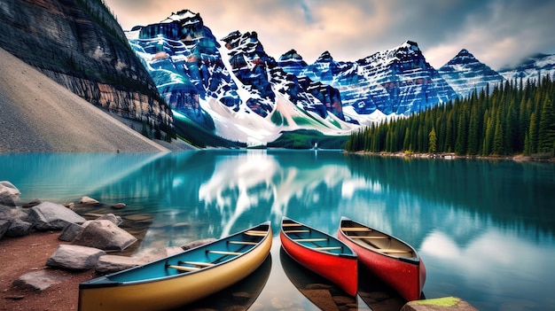 Canoas em um cais no Parque Nacional de Moraine Lake Banff, nas Montanhas Rochosas, Alberta, Canadá