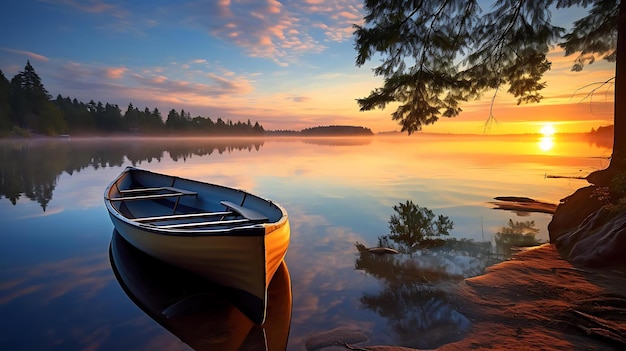 Canoas na margem de um lago com pôr do sol ao fundo