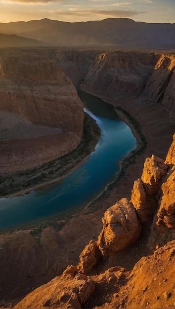 Foto canon al atardecer con paredes rocosas estratificadas