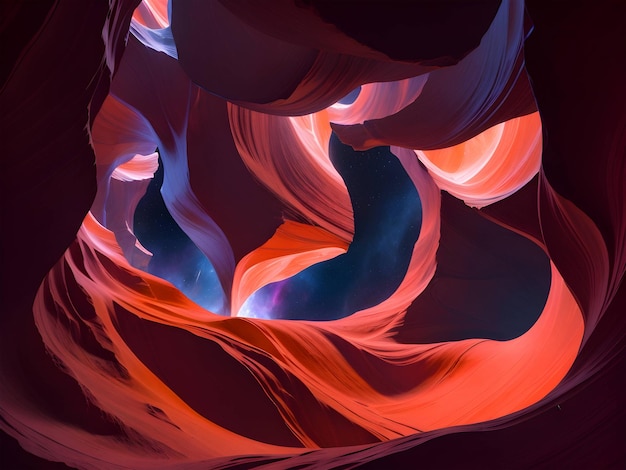 El cañón del antílope con vibrantes remolinos de nebulosa de color rojo y azul