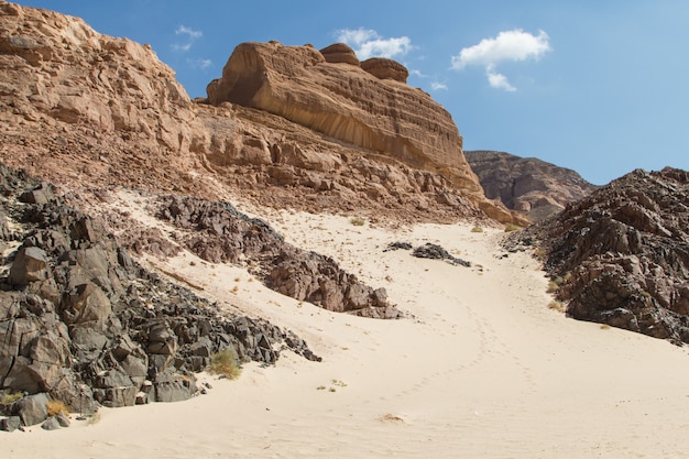 Cañón blanco con rocas amarillas. Egipto, desierto, la península del Sinaí, Dahab.