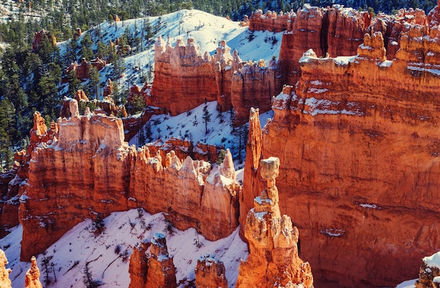 Cañón de Bryce con nieve en invierno.