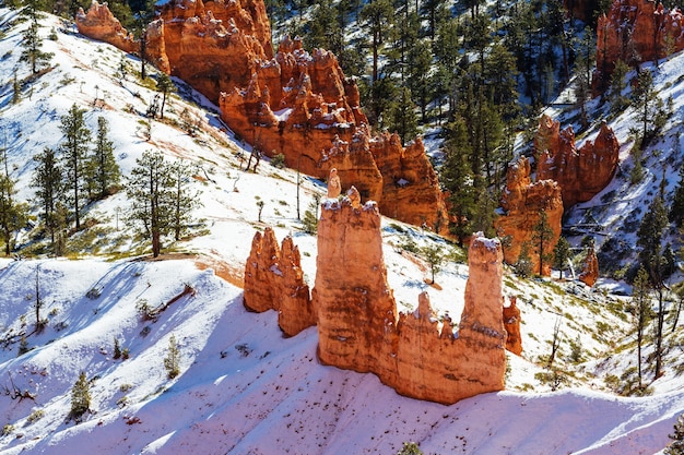 Foto cañón de bryce con nieve en invierno.