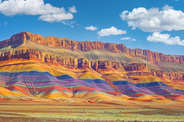 un cañón con capas de coloridas formaciones rocosas que conducen al horizonte