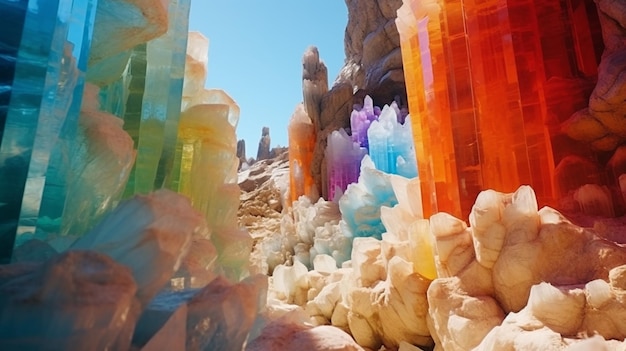 Un cañón de cristal con altos acantilados hechos de cristales multicolores que crean un majestuoso y un