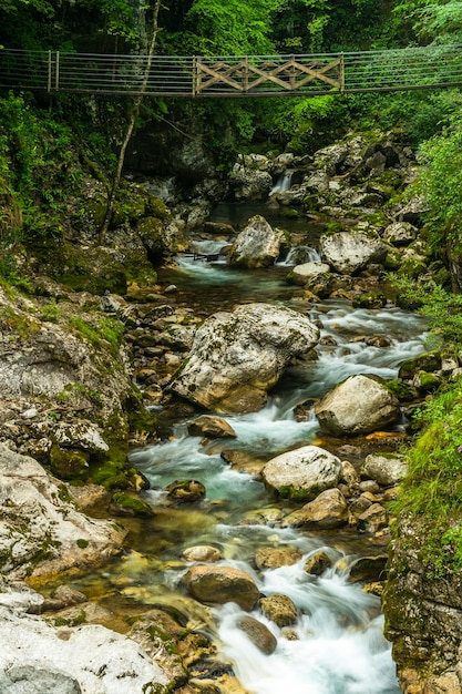 Cañón del río Tolmin Gorge en Eslovenia Puente colgante de madera del valle de Soca