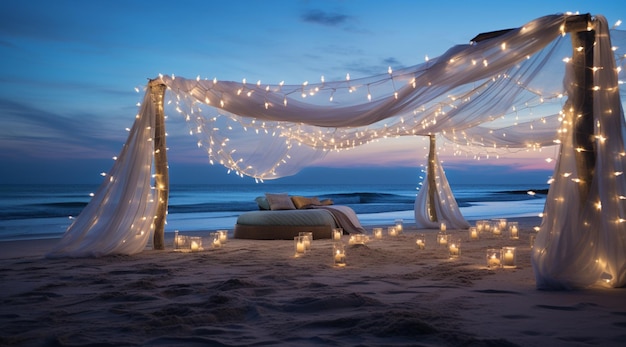 Canopy Arafed con luces en la playa al anochecer generativo ai