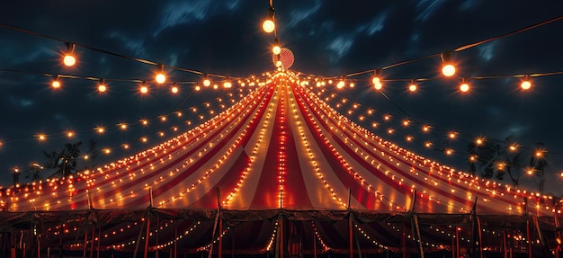 Canopy de circo decorado com luzes à noite com espaço de cópia