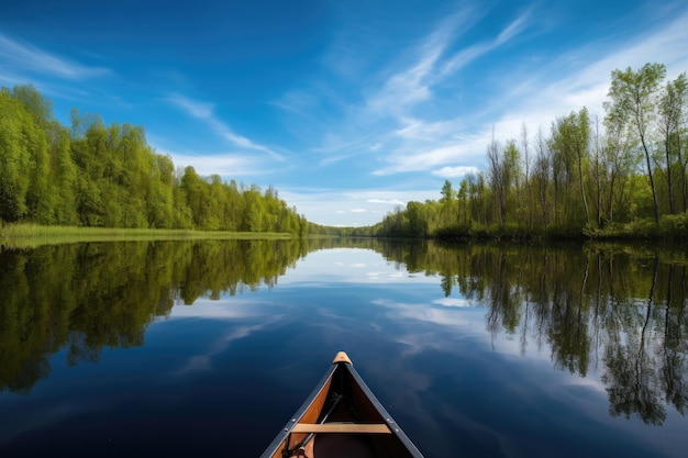 Canotaje en un lago tranquilo con agua que refleja el cielo azul creado con ai generativo