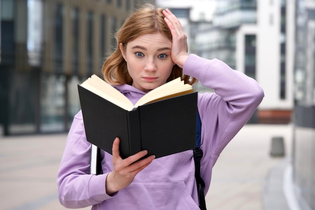 Cansado exausto e sobrecarregado estudante universitário lendo livro ao ar livre no campus