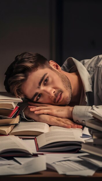 Foto cansado jovem homem atraente dorme no local de trabalho tem muito trabalho sendo cansaço e exausto