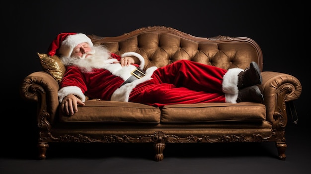 Cansado Papai Noel dormindo em um sofá fundo branco fotografia ultra realista