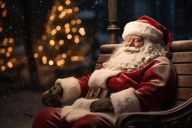 Cansado Santa Claus descansa sentado en un banco en una calle de la ciudad
