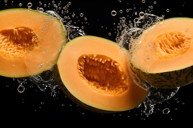 Cantaloupe fällt in Wasser, Produktpräsentationsillustration