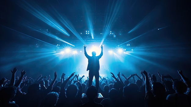 Cantante actuando en el escenario en un estadio repleto con luces brillantes y fanáticos sosteniendo teléfonos